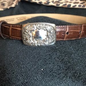 Talbots small brown leather belt with silver floral buckle